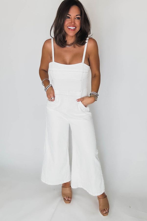 White Denim Sleeveless Contrast Stitch Jumpsuit