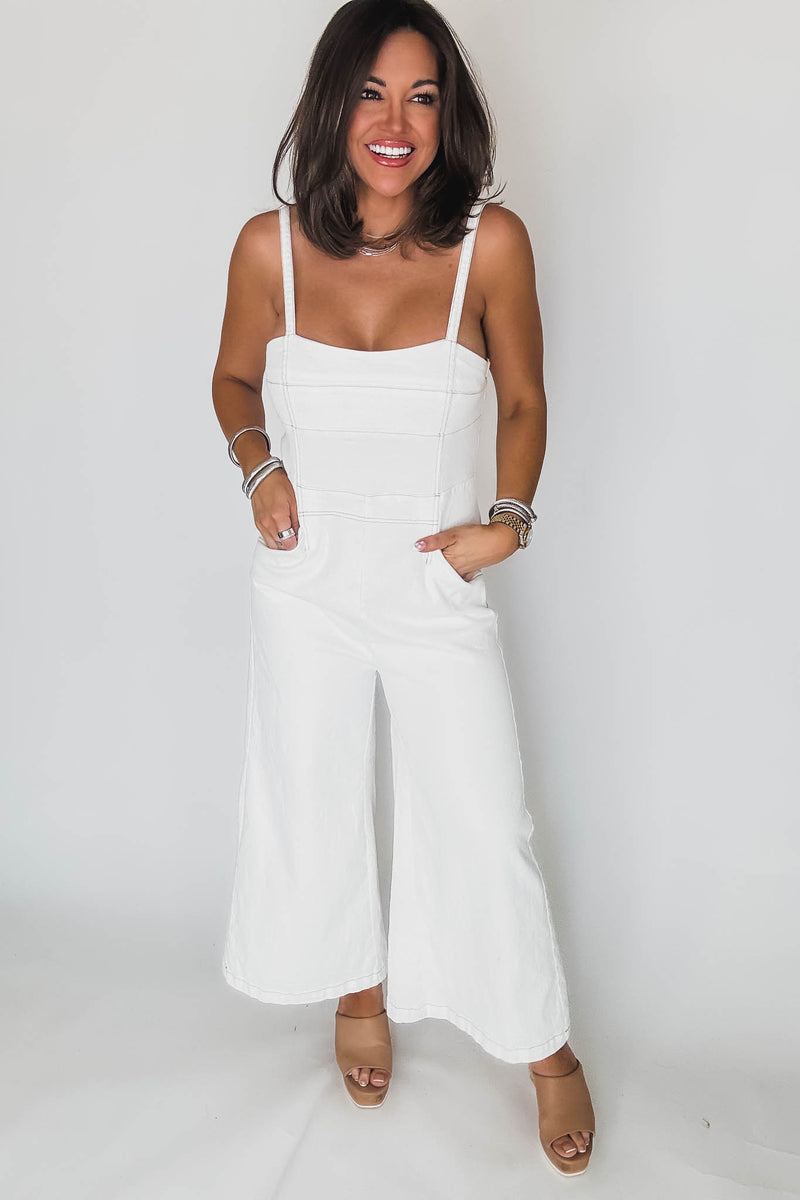 White Denim Sleeveless Contrast Stitch Jumpsuit