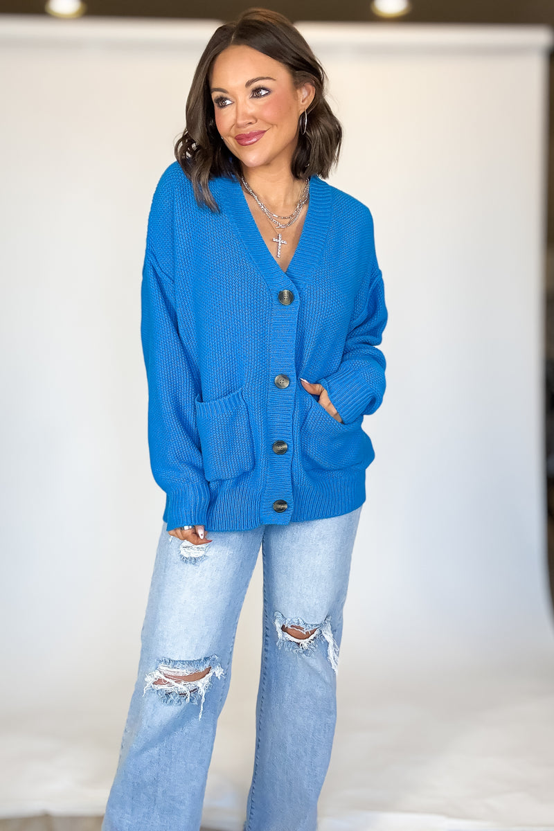 Ocean Blue Button-front Oversized Cardigan