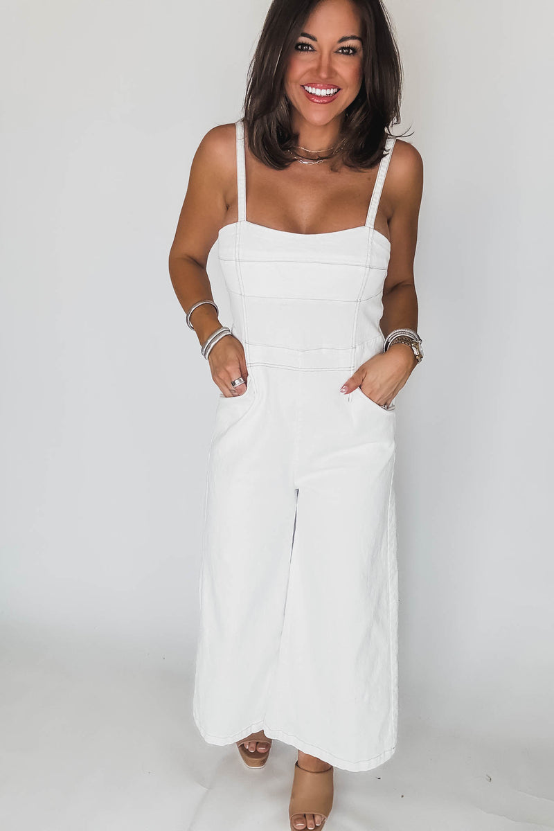 White Denim Sleeveless Contrast Stitch Jumpsuit