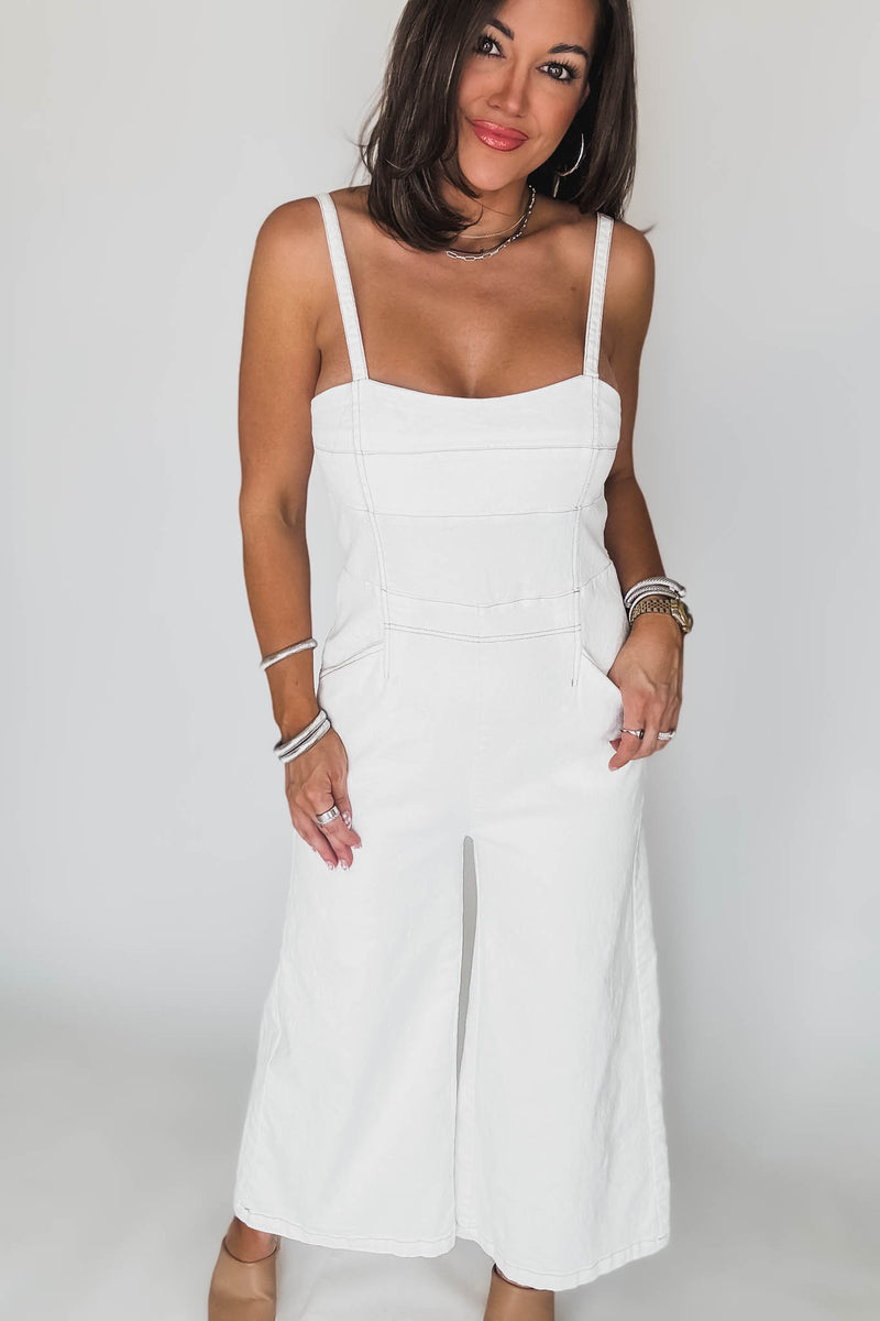 White Denim Sleeveless Contrast Stitch Jumpsuit