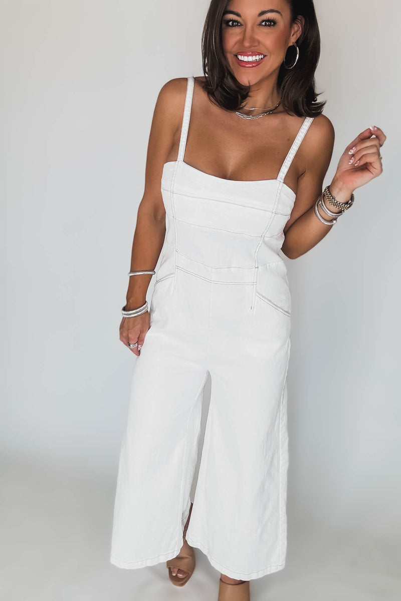 White Denim Sleeveless Contrast Stitch Jumpsuit