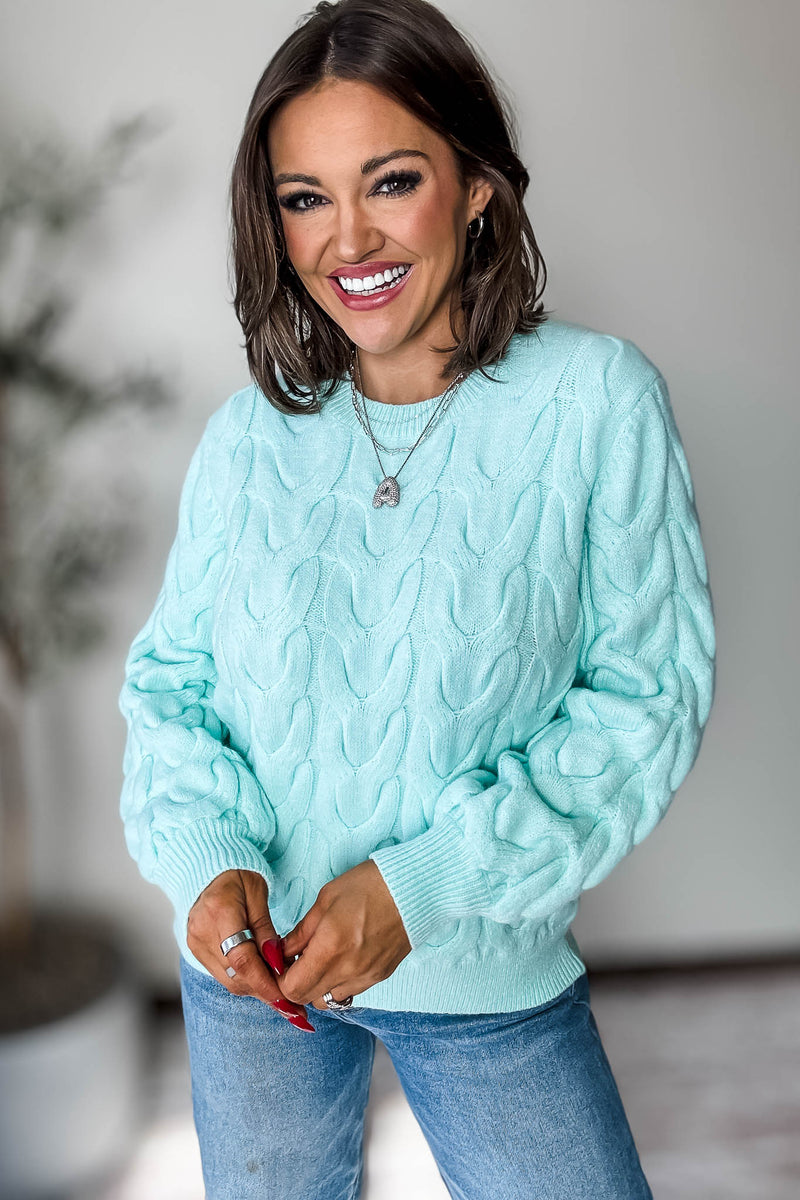Mint Wave Cable Knit Sweater
