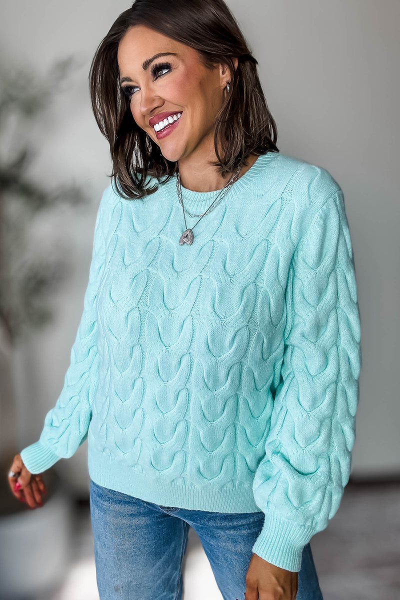 Mint Wave Cable Knit Sweater