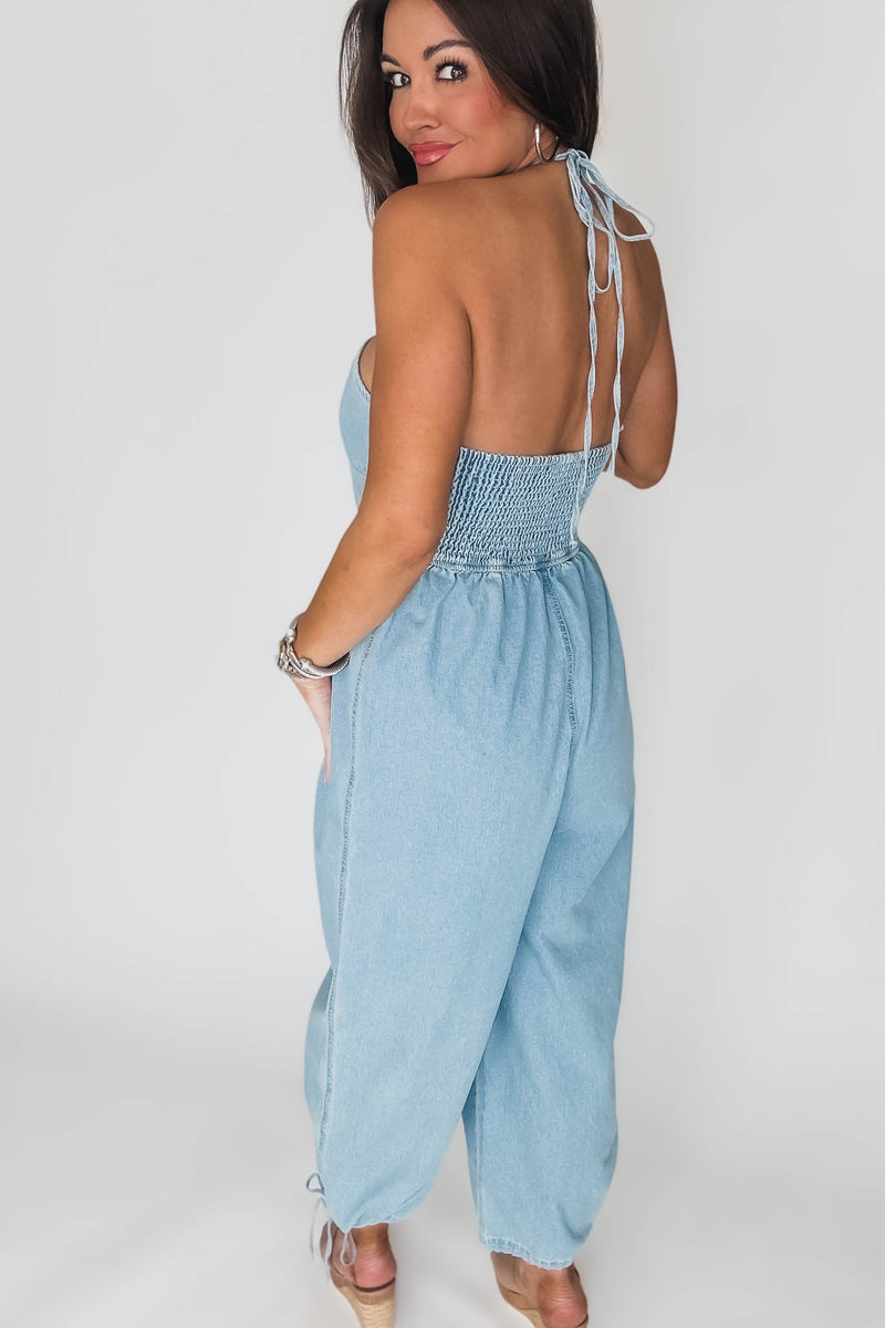 Halter Neck Denim Jumpsuit