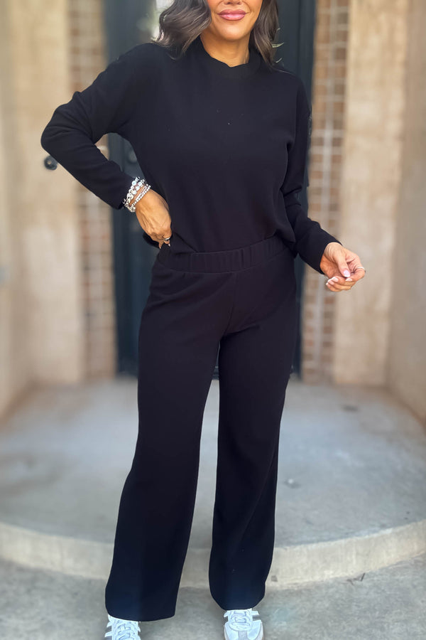Step Into Fall Black Elastic Waist Soft Knit Long Pants