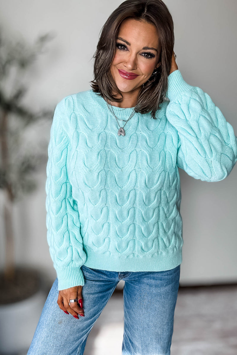 Mint Wave Cable Knit Sweater