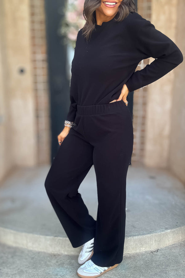 Step Into Fall Black Elastic Waist Soft Knit Long Pants