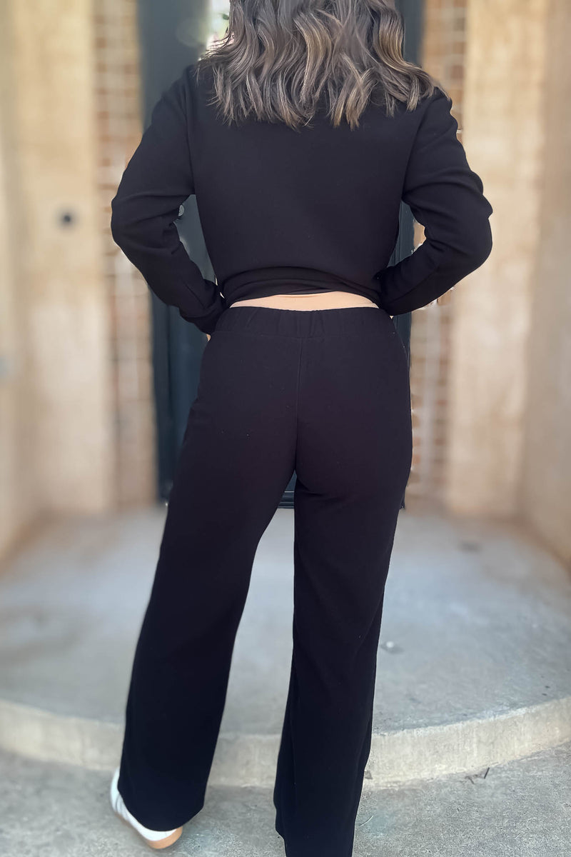 Step Into Fall Black Elastic Waist Soft Knit Long Pants