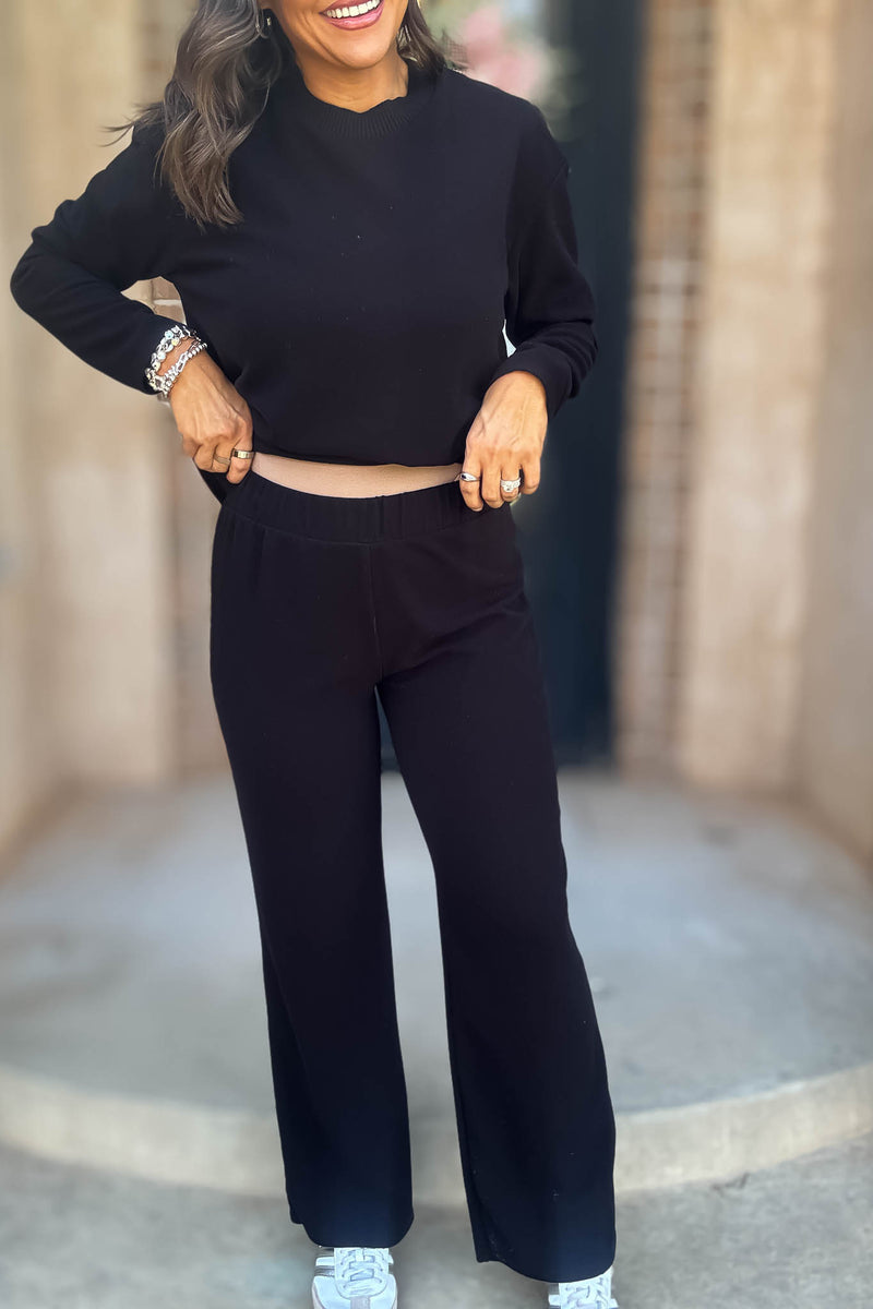 Step Into Fall Black Elastic Waist Soft Knit Long Pants