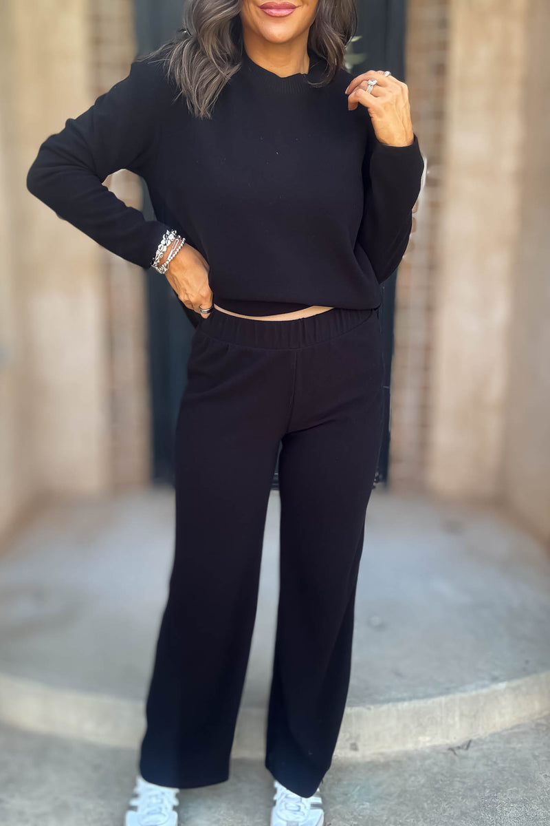Step Into Fall Black Elastic Waist Soft Knit Long Pants
