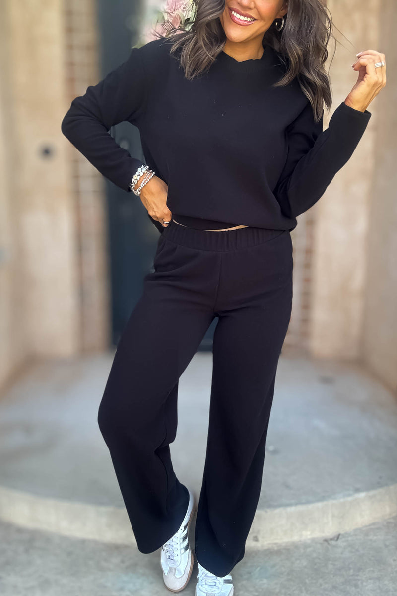 Step Into Fall Black Elastic Waist Soft Knit Long Pants