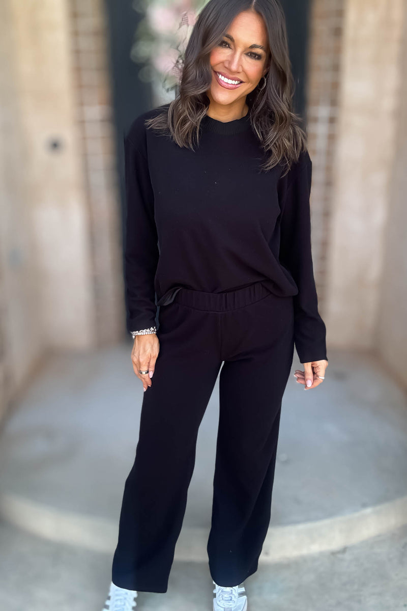 Step Into Fall Black Elastic Waist Soft Knit Long Pants