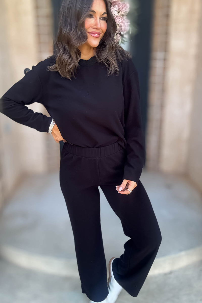 Step Into Fall Black Elastic Waist Soft Knit Long Pants