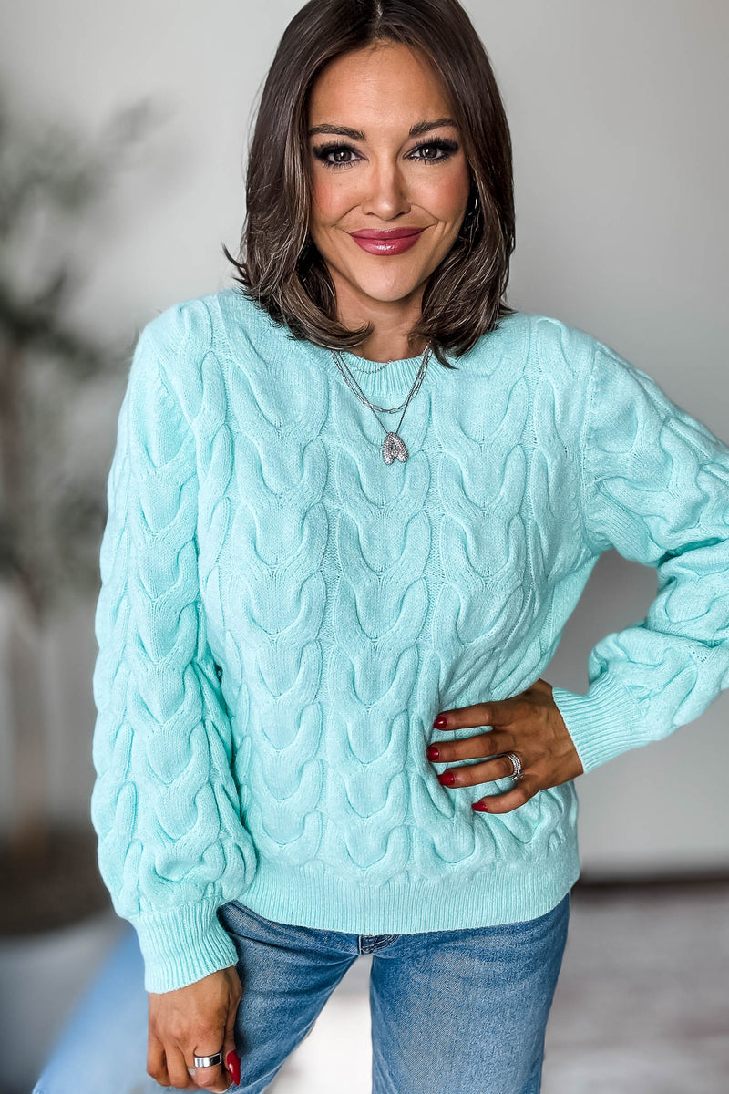 Mint Wave Cable Knit Sweater