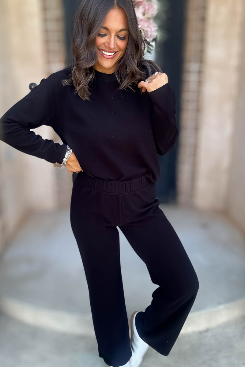Step Into Fall Black Elastic Waist Soft Knit Long Pants