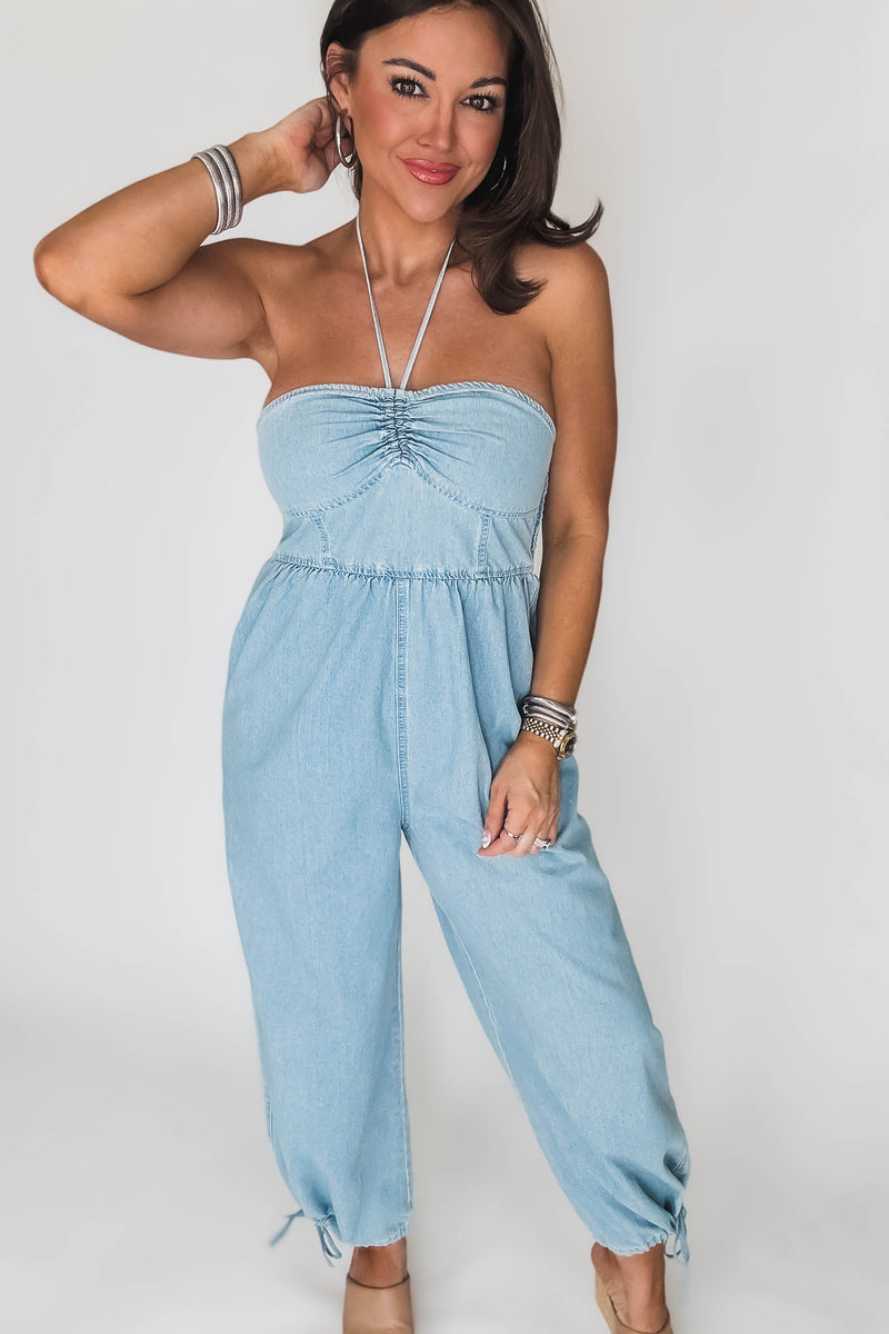 Halter Neck Denim Jumpsuit