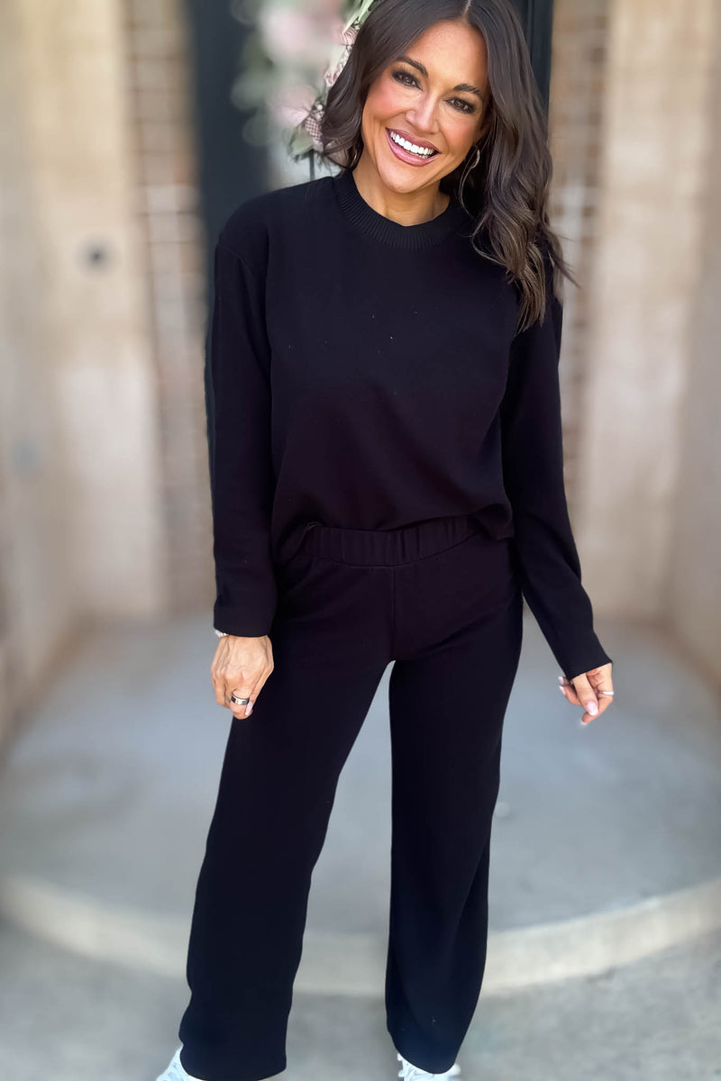 Step Into Fall Black Elastic Waist Soft Knit Long Pants