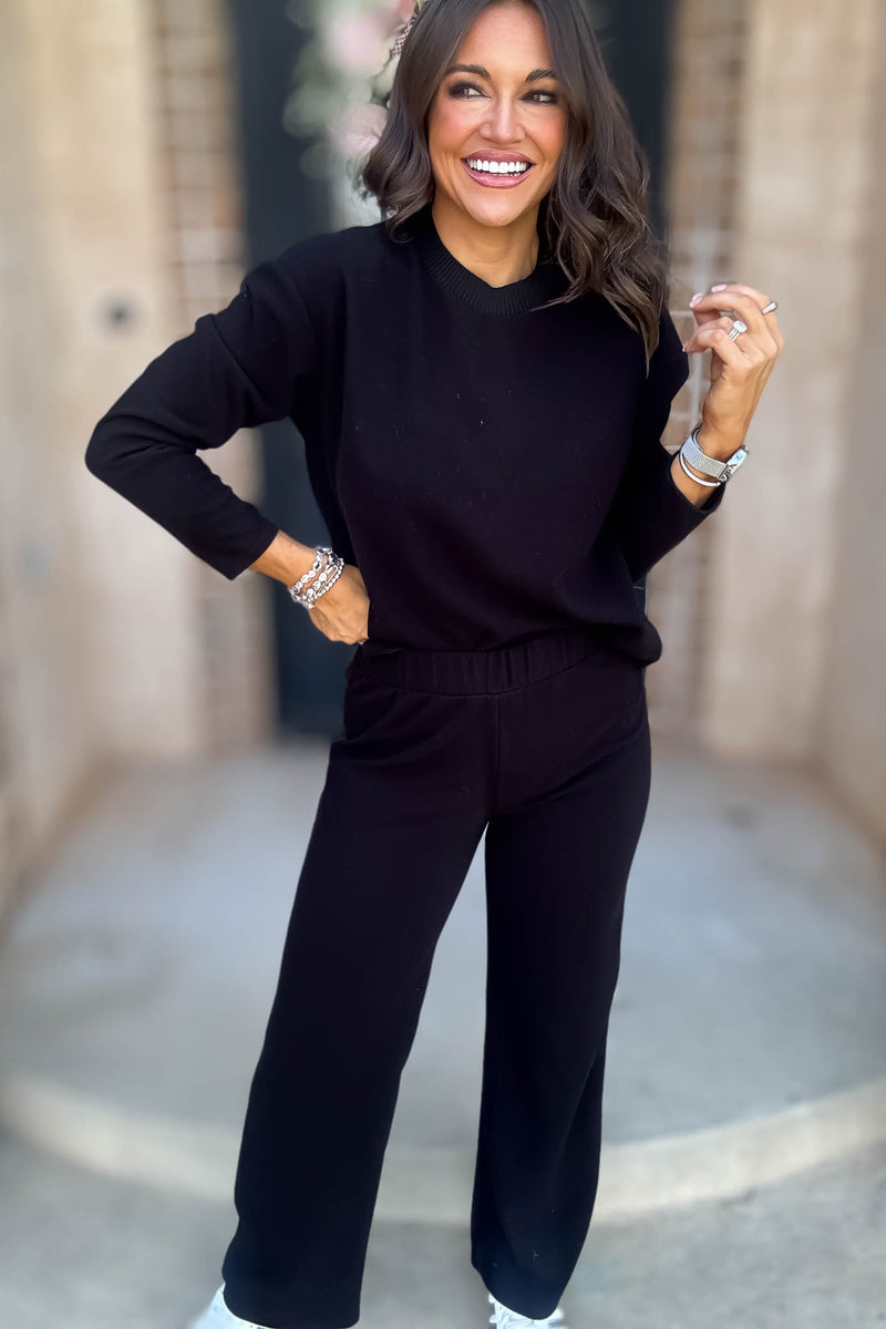 Step Into Fall Black Elastic Waist Soft Knit Long Pants