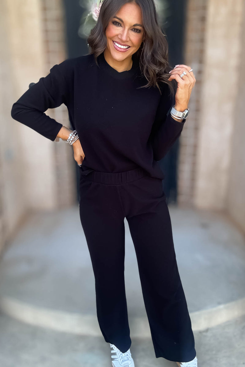 Step Into Fall Black Elastic Waist Soft Knit Long Pants