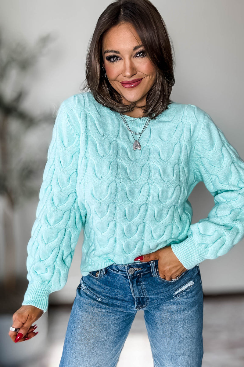 Mint Wave Cable Knit Sweater
