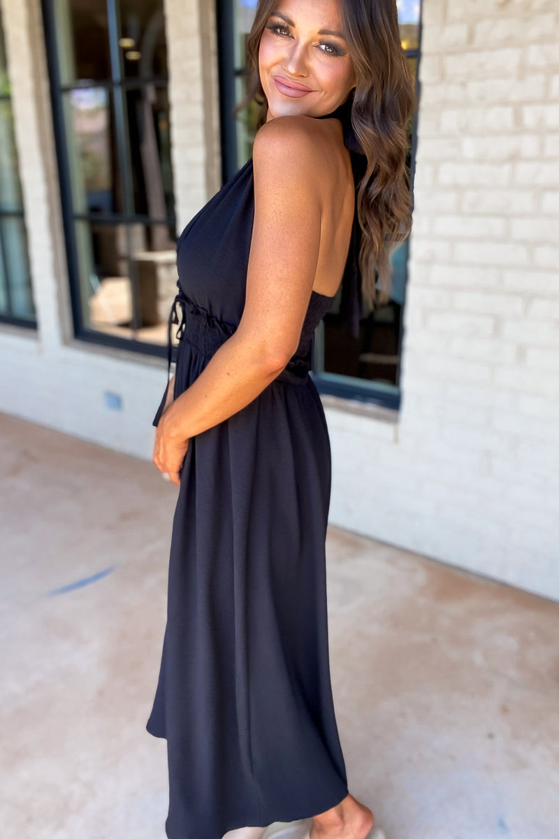 Want It All Black Solid Halter Ribbon-Tie Neck Dress Stella Rae's Want It All Black Solid Halter Ribbon-Tie Neck Dress Stella Rae's