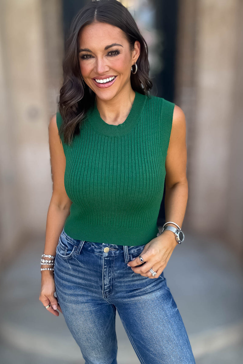 Layered Looks Green Rib Round Neck Crop Top