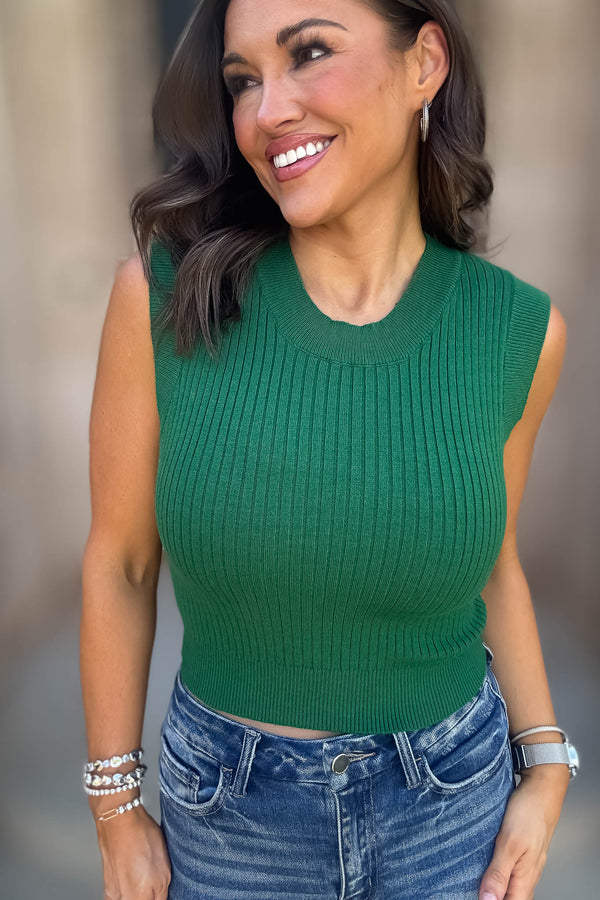 Layered Looks Green Rib Round Neck Crop Top