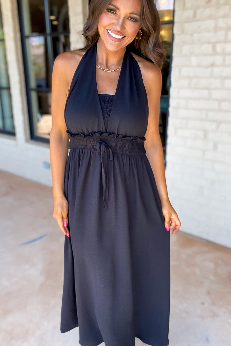 Want It All Black Solid Halter Ribbon-Tie Neck Dress – Stella Rae's Want It All Black Solid Halter Ribbon-Tie Neck Dress – Stella Rae's