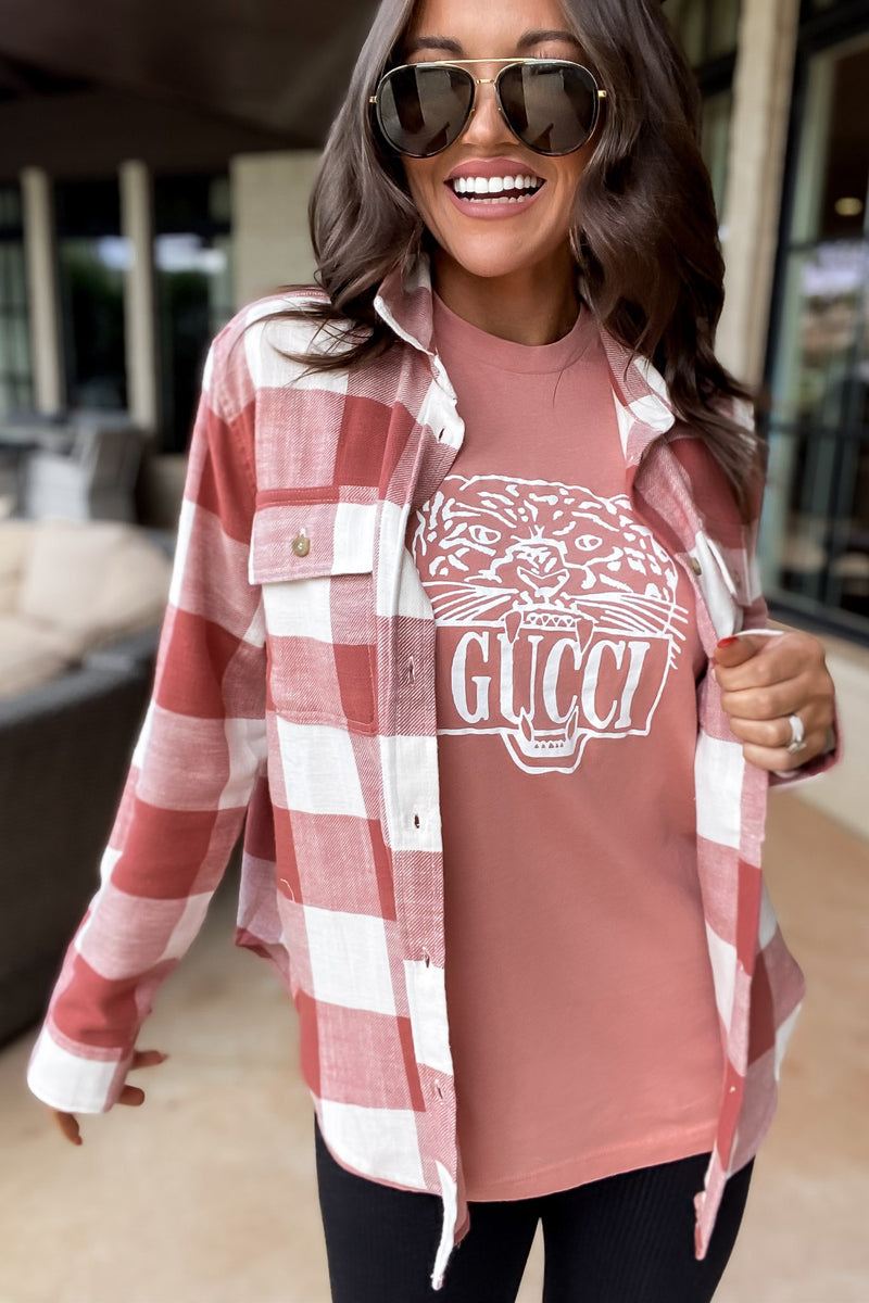 Check It Out Clay Shacket Plaid Button Down Top