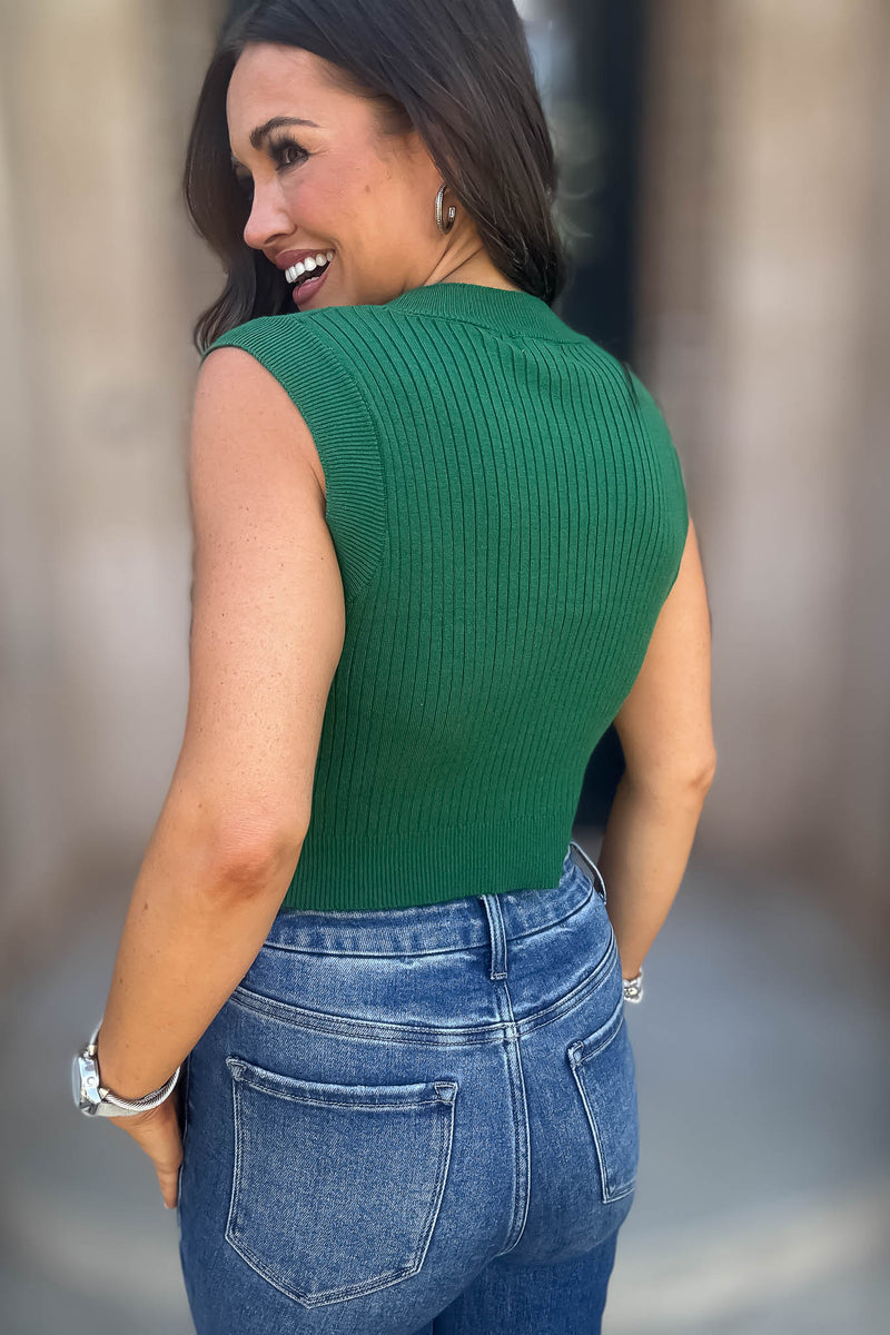 Layered Looks Green Rib Round Neck Crop Top