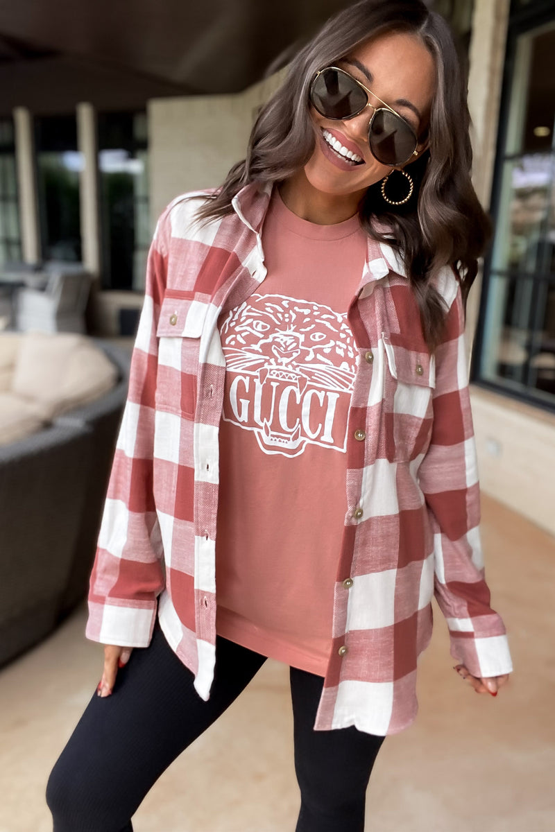 Check It Out Clay Shacket Plaid Button Down Top