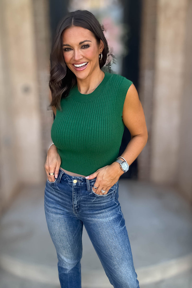 Layered Looks Green Rib Round Neck Crop Top
