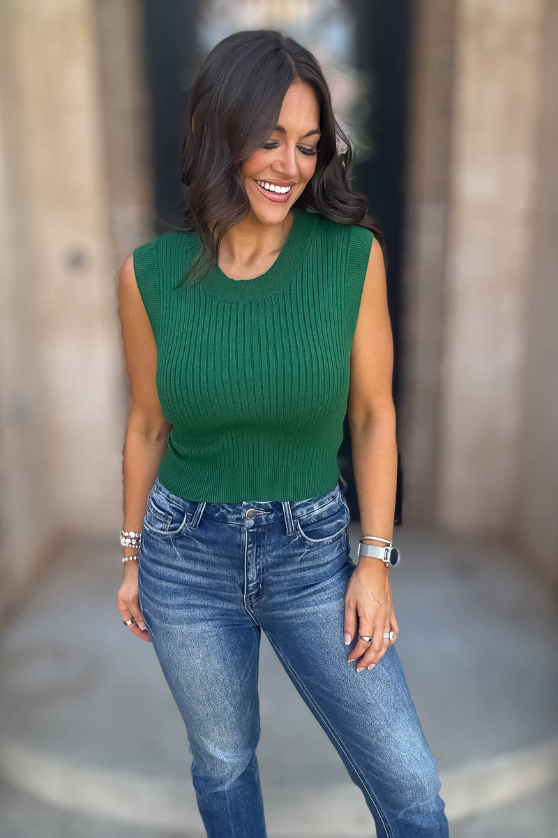 Layered Looks Green Rib Round Neck Crop Top