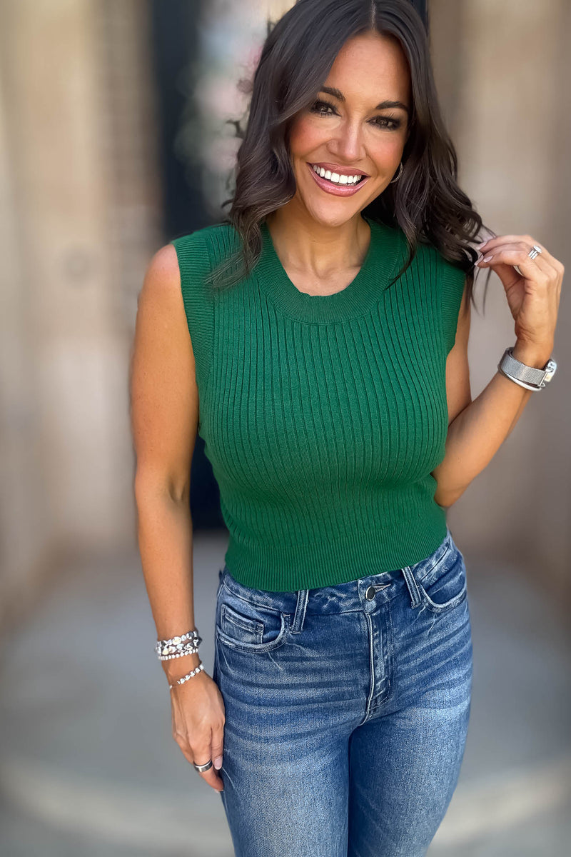 Layered Looks Green Rib Round Neck Crop Top