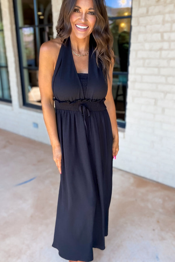 Want It All Black Solid Halter Ribbon-Tie Neck Dress