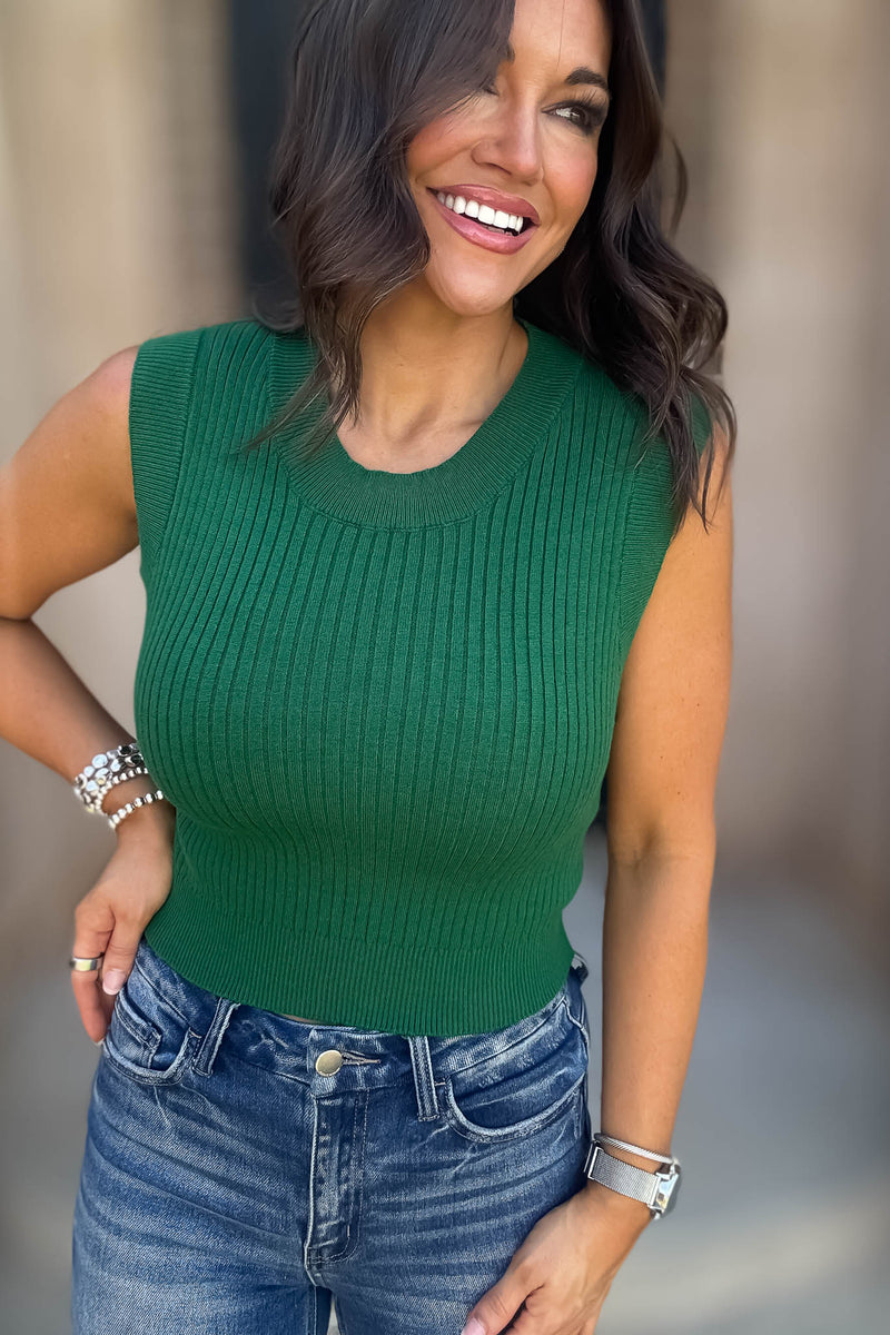 Layered Looks Green Rib Round Neck Crop Top