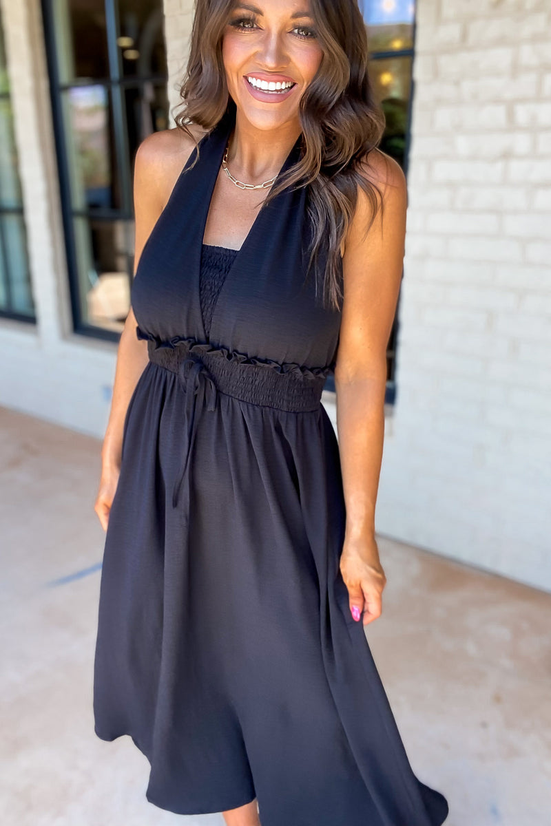 Want It All Black Solid Halter Ribbon-Tie Neck Dress – Stella Rae's