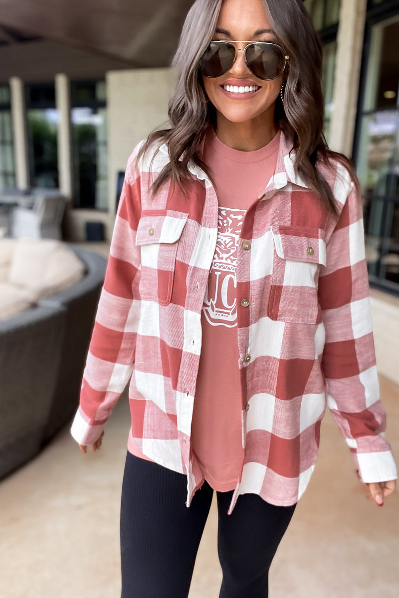 Check It Out Clay Shacket Plaid Button Down Top