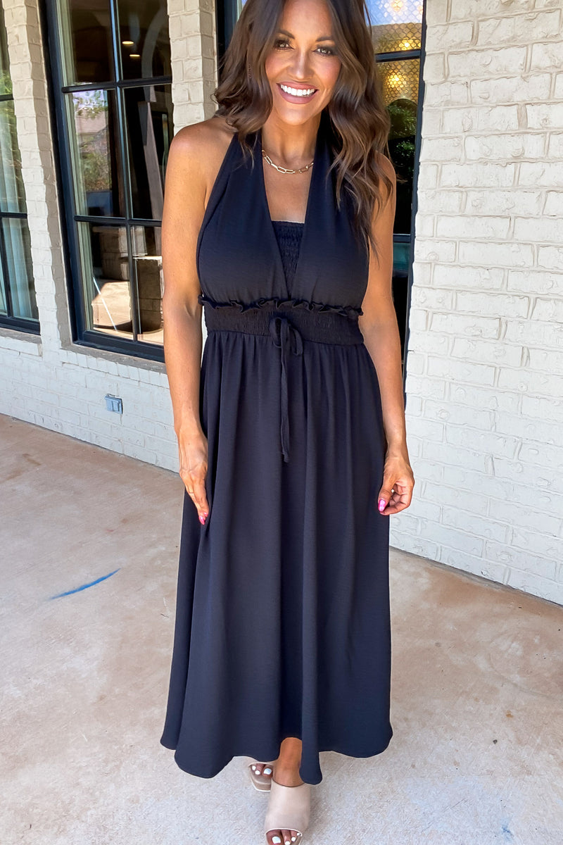 Want It All Black Solid Halter Ribbon-Tie Neck Dress Stella Rae's Want It All Black Solid Halter Ribbon-Tie Neck Dress Stella Rae's