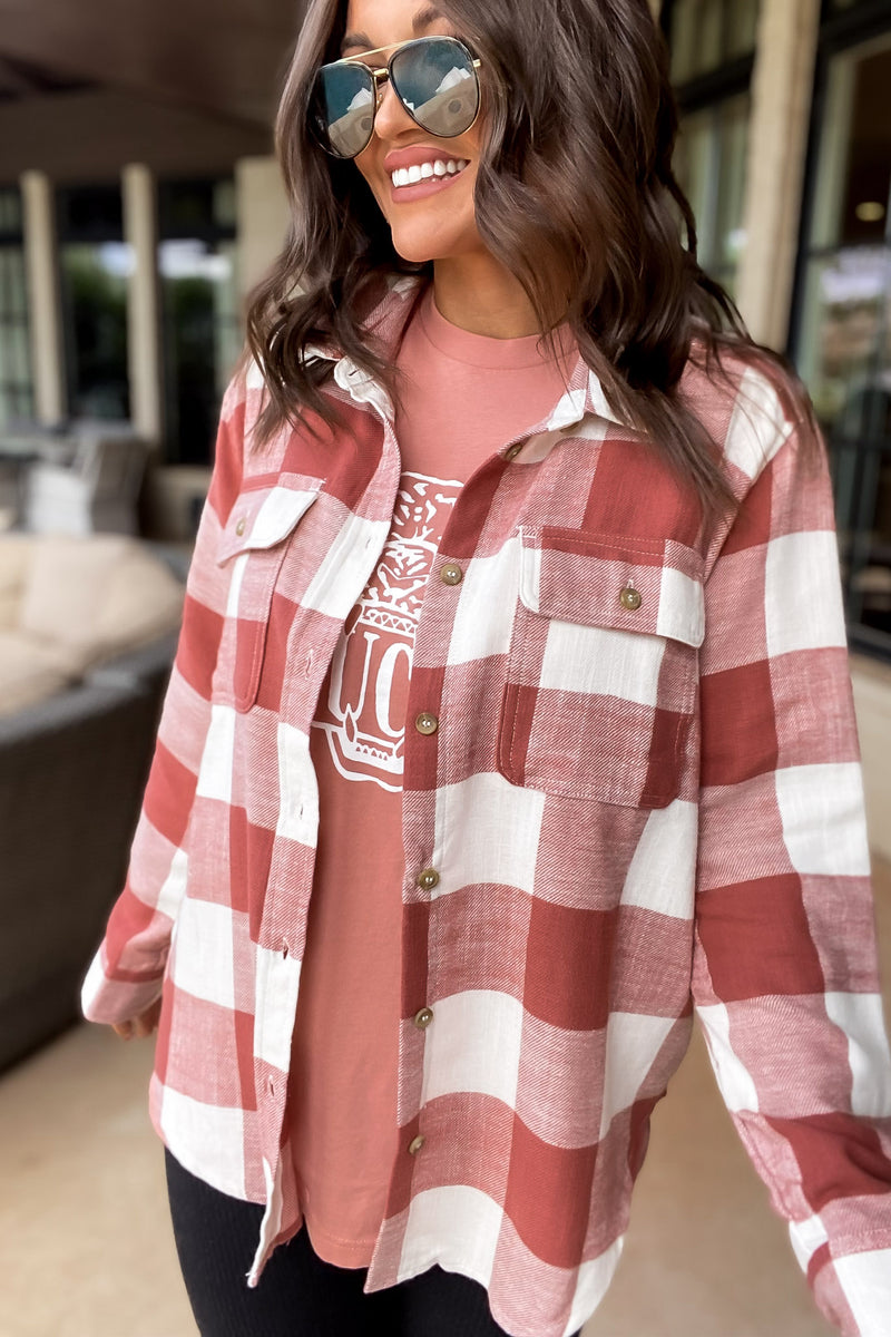 Check It Out Clay Shacket Plaid Button Down Top