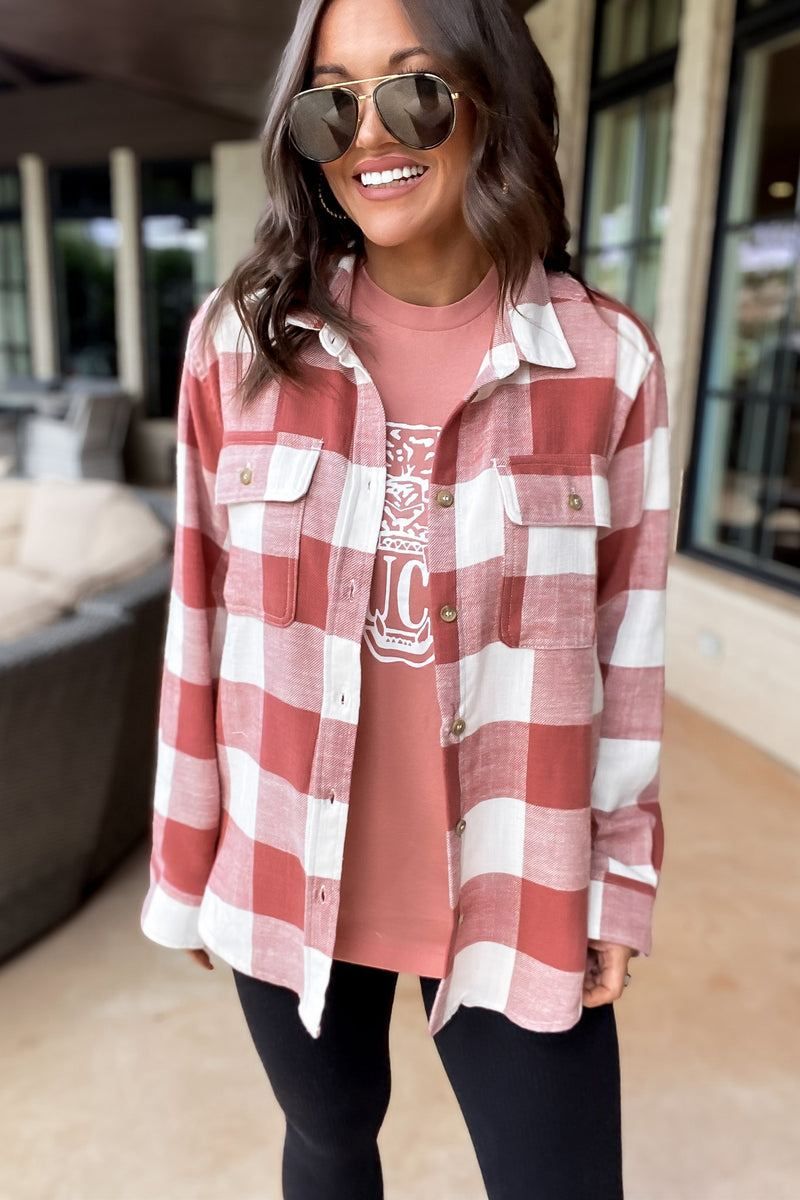 Check It Out Clay Shacket Plaid Button Down Top