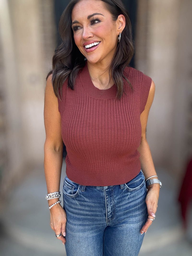 Layered Looks Red Brown Rib Round Neck Crop Top