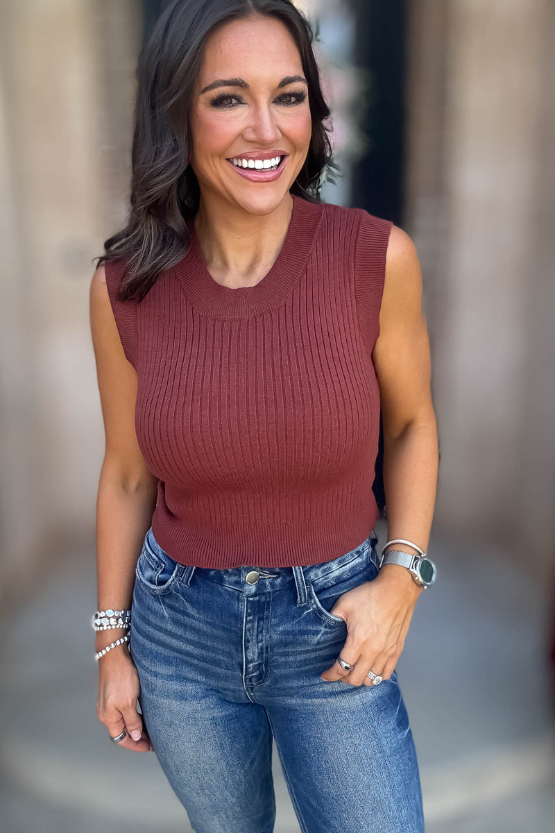 Layered Looks Red Brown Rib Round Neck Crop Top