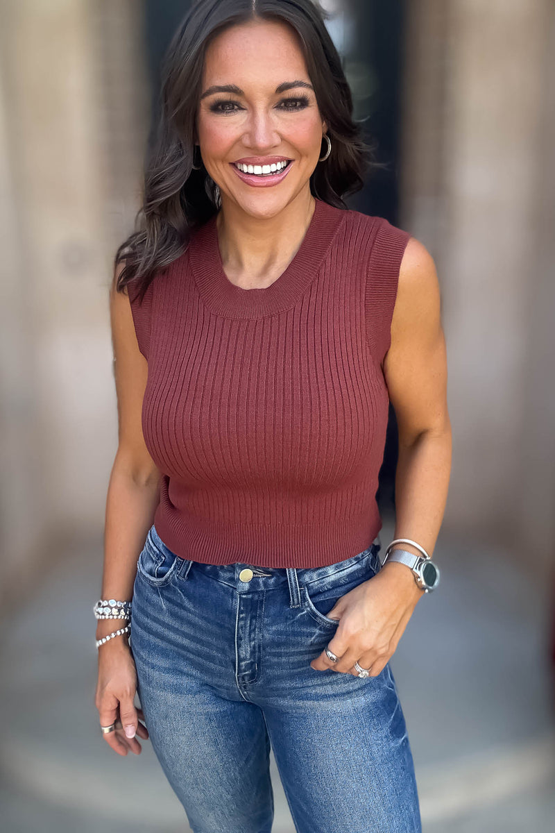 Layered Looks Red Brown Rib Round Neck Crop Top