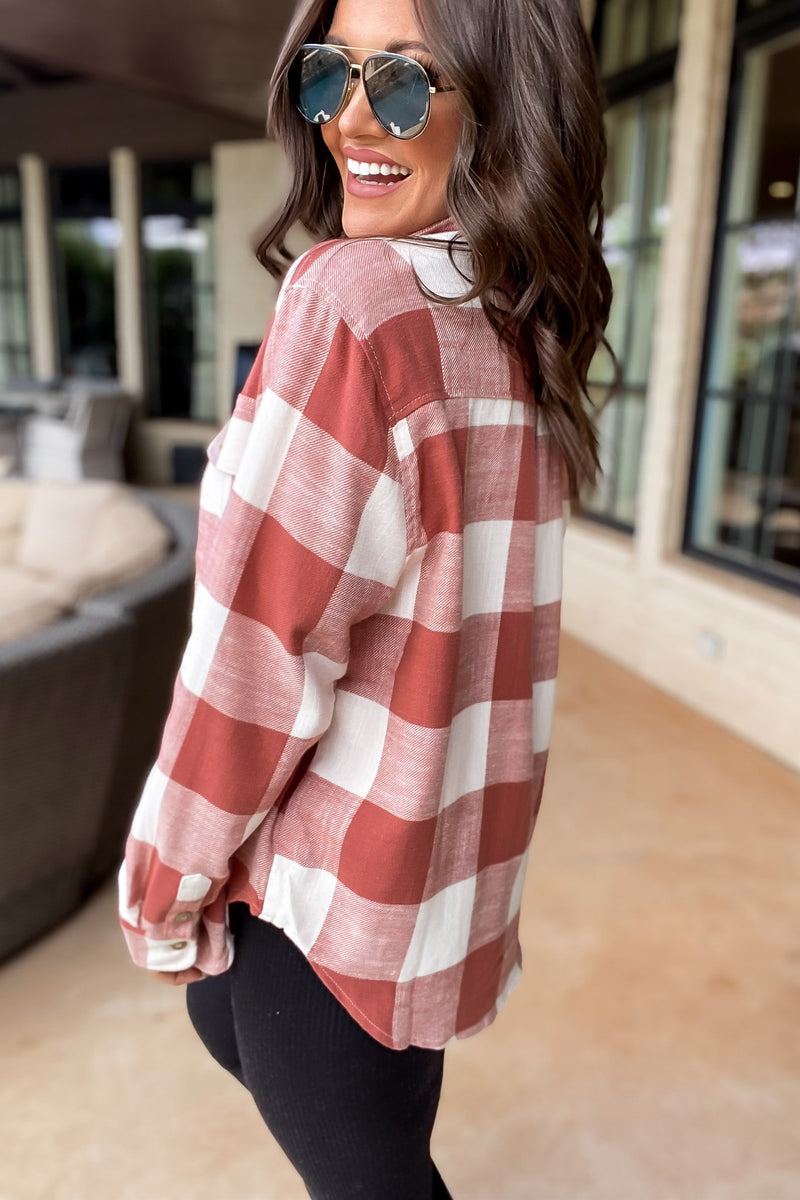 Check It Out Clay Shacket Plaid Button Down Top