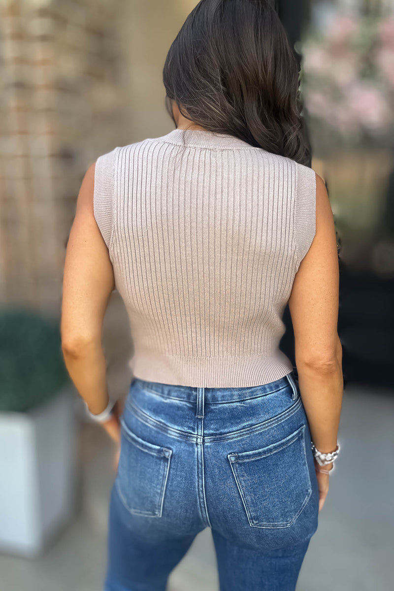 Layered Looks Sand Grey Rib Round Neck Crop Top
