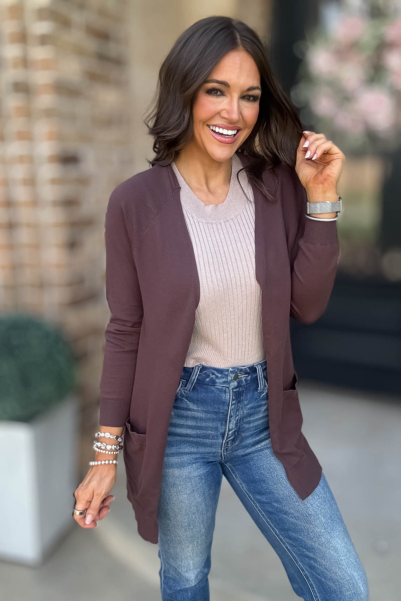 Just Right Cocoa Brown Light Weight Open Sweater Cardigan