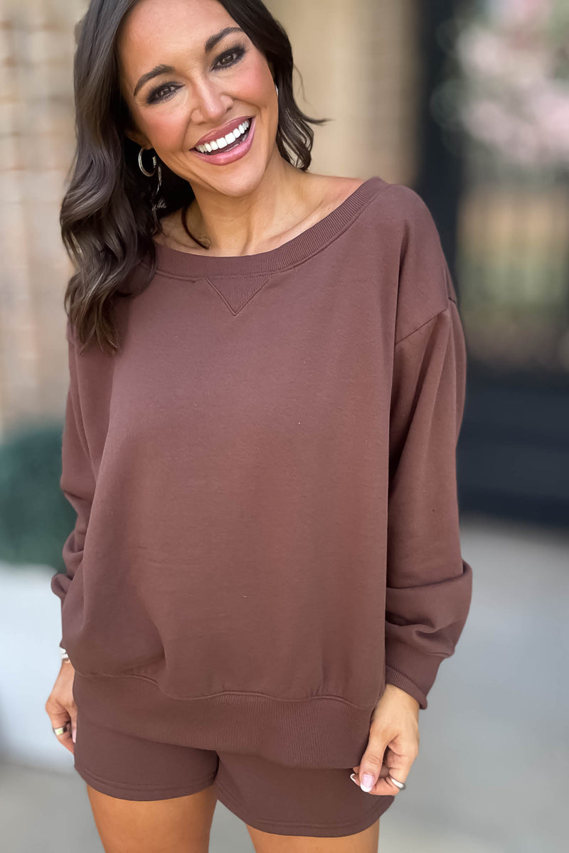 Softest Ever Brown Fleece Boat Neck Sweatshirt