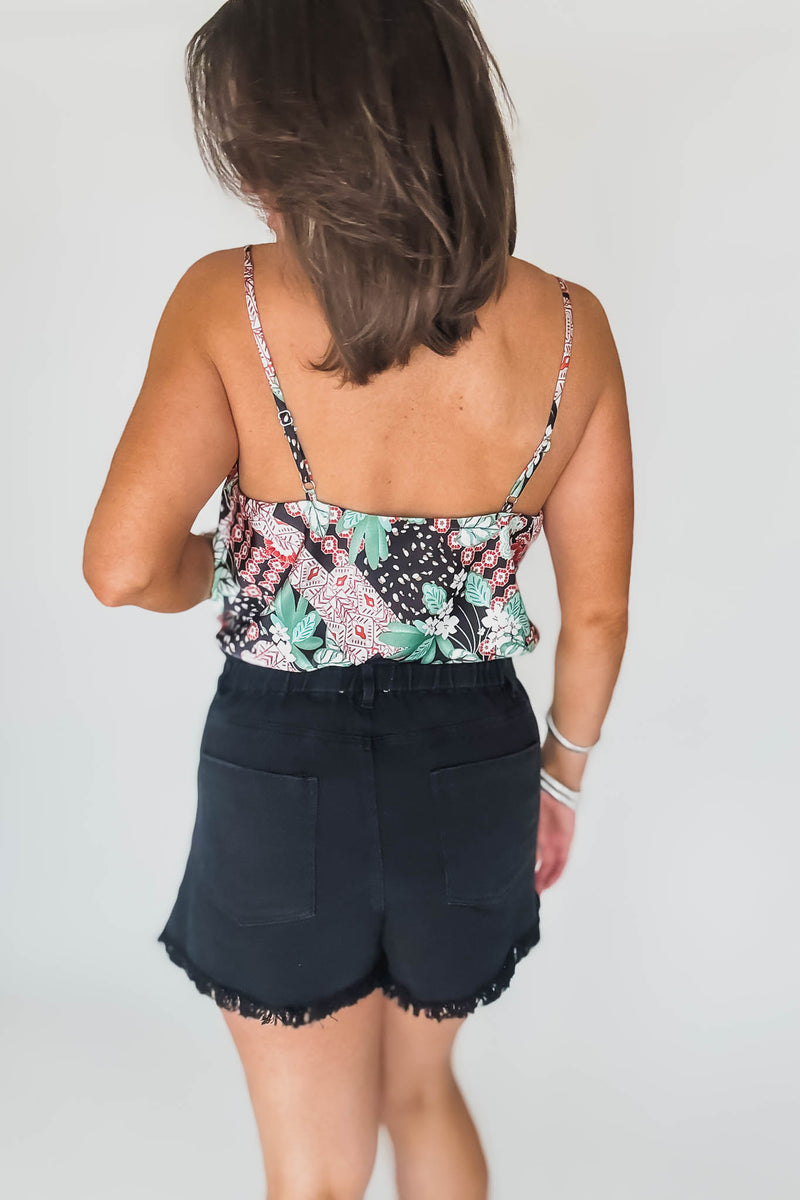 Paperbag Waist Stone Washed Black Shorts